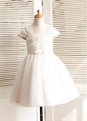 Ivory Lace Tulle Cap Sleeves Champagne Lining Knee Length Flower Girl Dress